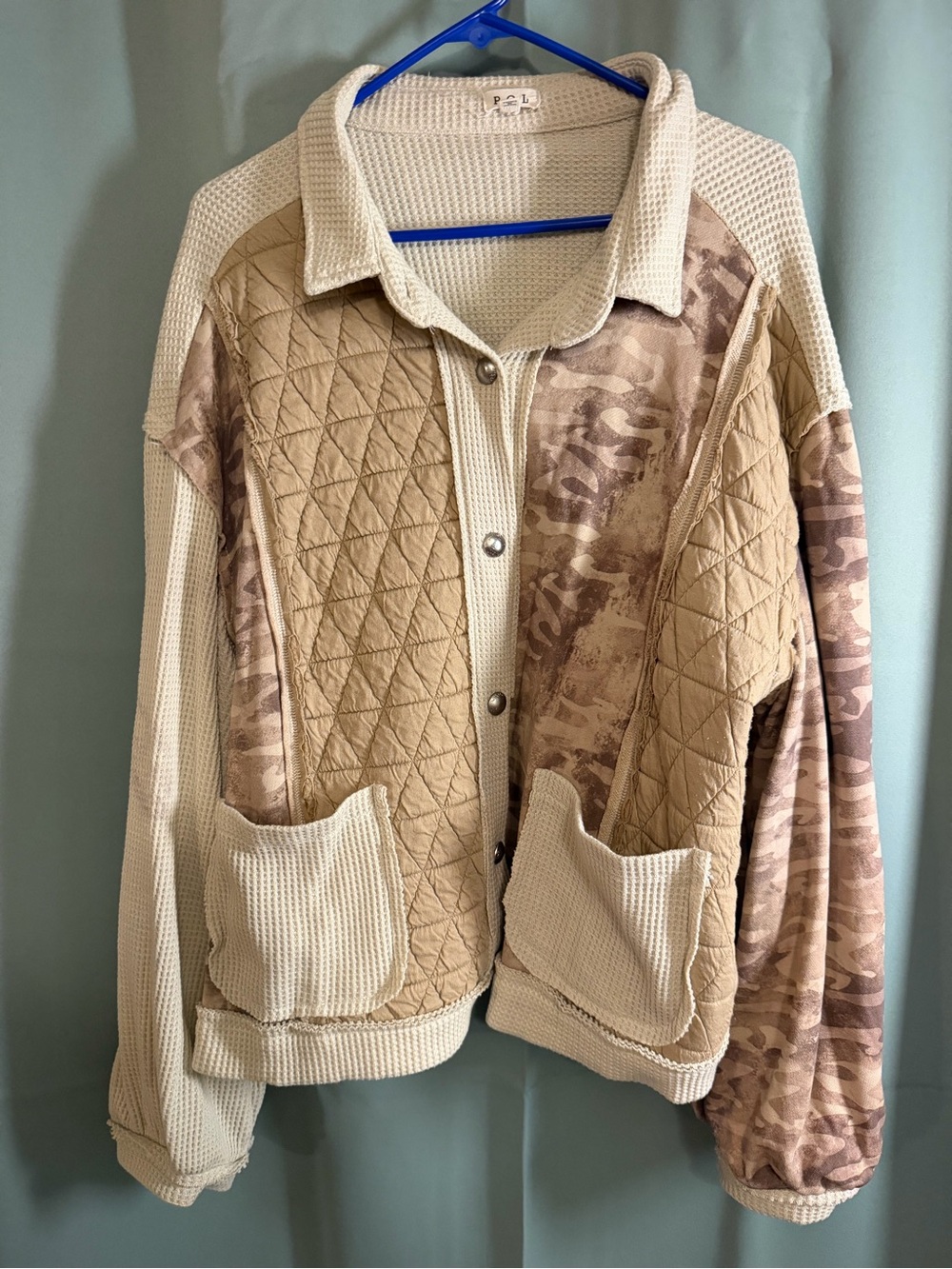 POL Beige Quilted & Camo-Mixed Bomber Jacket